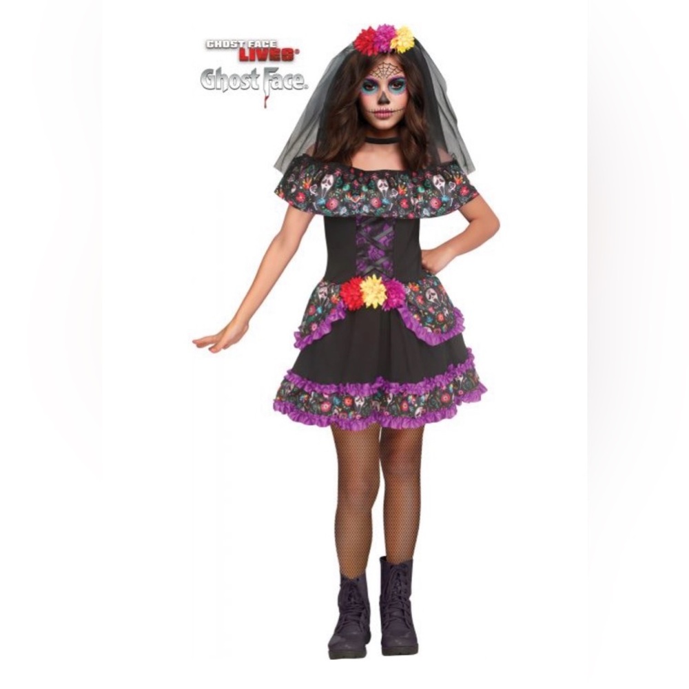 Fun world sugar skull Ghost face child costume. NWT med 8-10(g)